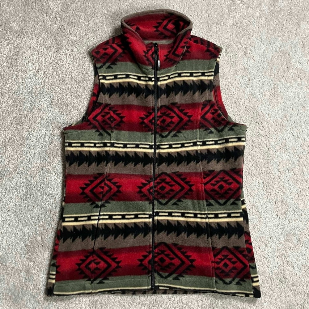 Guide Gear Red Southwestern Aztec Fleece Vest Mens Medium Full Zip Sleeveless